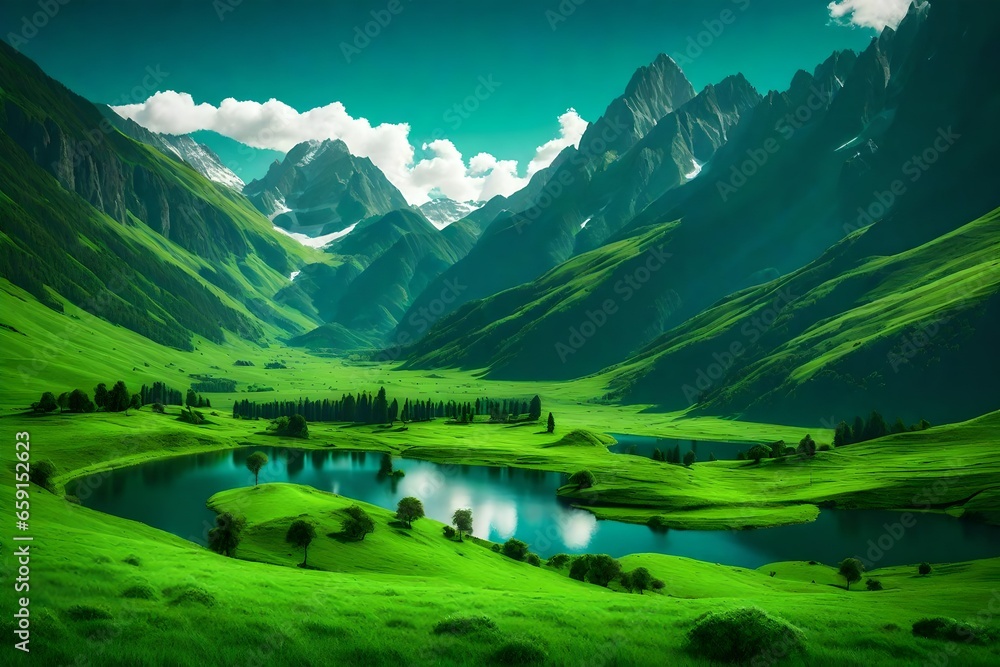Poster serene valley with lush green meadows and towering mountains - ai generative