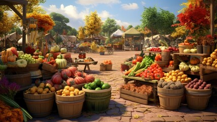 the vibrant colors and variety of fresh produce at a bustling farmers' market. stalls overflowing with apples, pumpkins, squash, and other fall fruits and vegetables.