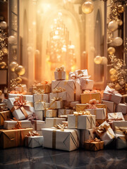 A large mountain of New Year's gifts stands in a bright room against the background of a New Year tree and garland lights. Golden Christmas gifts with bows under the Christmas tree.