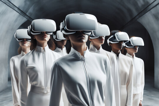 Female multi cultural diverse people wearing virtual reality headsets immersed in a digital diversity realm experiencing redefined reality, computer Generative AI stock illustration image