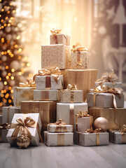 A large mountain of New Year's gifts stands in a bright room against the background of a New Year tree and garland lights. Golden Christmas gifts with bows under the Christmas tree.