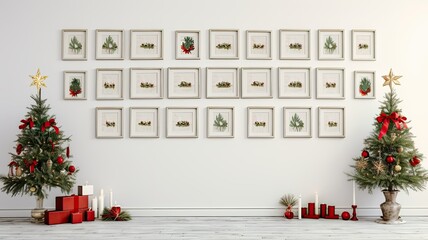 a gallery wall with empty frames against a white wall. the frames with Christmas and New Year-themed artwork or photographs.a vase of fresh fir branches on a table below to tie in the holiday spirit.