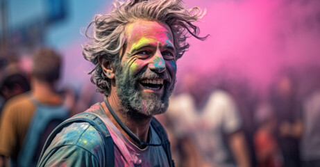 Fototapeta na wymiar portrait of a jubilant individual against a festival of colors