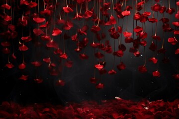 Romantic backdrop featuring red rose petals gently fluttering against a dark background. Generative AI - obrazy, fototapety, plakaty