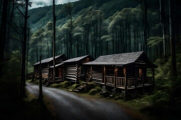Smokey mountains small town wooden cabins - AI Generative
