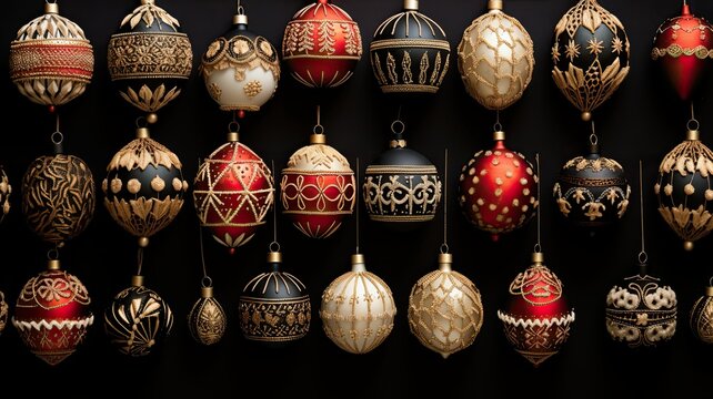 a collection of handcrafted Christmas ornaments on a vintage woven fabric backdrop to showcase their intricate patterns and textures. soft, natural lighting to enhance the warmth of the scene.