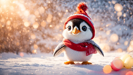 Cute cartoon penguin in a hat in a snowy meadow