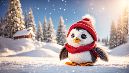 Cute cartoon penguin in a hat in a snowy meadow