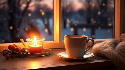 Obraz premium the rich colors of coffee in a clear glass mug placed near a frost-covered window. the windowsill with pine branches and red ribbons to enhance the holiday atmosphere.