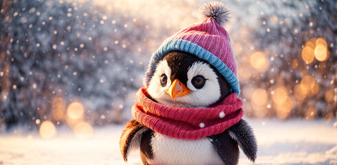 Cute cartoon penguin in a hat in a snowy meadow - obrazy, fototapety, plakaty