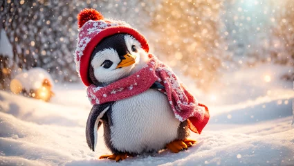 Tuinposter Cute cartoon penguin in a hat in a snowy meadow © tanya78