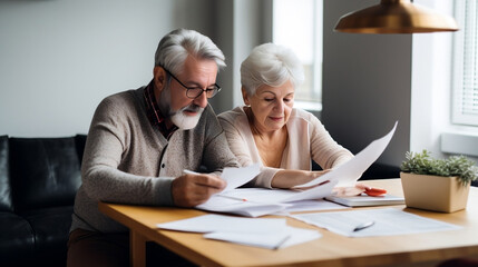 Couple de personnes &acirc;g&eacute;es qui g&egrave;rent des documents des factures