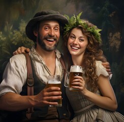 two people hold up a beer and smile 