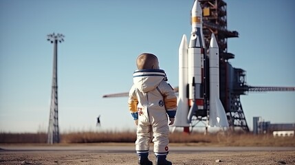 A little astronaut in a space suit standing next to a rocket on the launch pad, ready to embark on an exciting adventure. A little astronaut standing next to a rocket on the launch pad