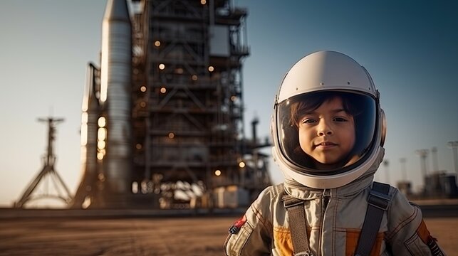 Miniature Space Explorer. Young Astronaut Prepared for Launch. Imagination Takes Flight. Little Astronaut and Rocket on the Launch Pad