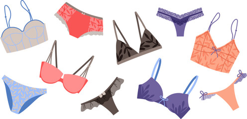 Colorful collection of elegant female underwear. Trendy lingerie set, bra, pantie, bikini. Collection of undergarments vector illustration
