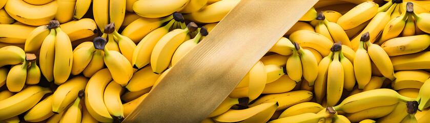 un arrière-plan rempli de bananes avec un ruban beige qui traverse l'image en diagonale - bannière web - obrazy, fototapety, plakaty