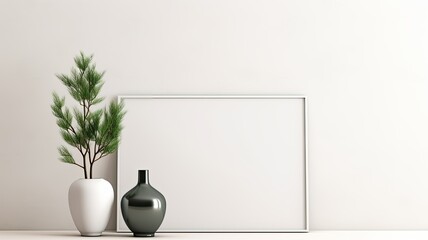 an empty white wall as a mock-up canvas, a stylish vase with green fir branches on a white table beneath the wall. This is a great way to showcase the simplicity of holiday home decor.