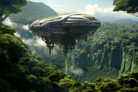 A futuristic airship floats above a lush jungle. Generative AI