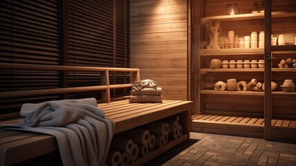 the wooden interior in the sauna. the well-crafted wooden benches and walls, emphasizing the natural and rustic beauty of the space.