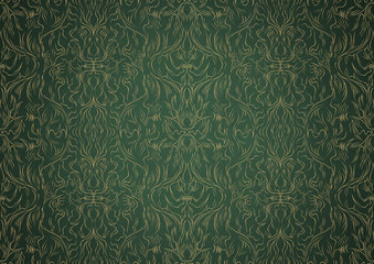 Hand-drawn unique abstract gold ornament on a green warm background, with vignette of darker background color. Paper texture. Digital artwork, A4. (pattern: p11-1b)