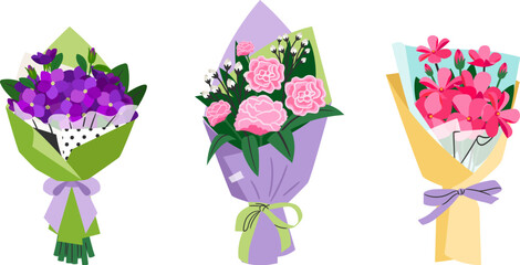 Flower bouquets. Isolated vector garden flowers in colorful paper packaging. Botanical decoration set