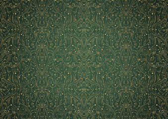Hand-drawn unique abstract gold ornament on a green warm background, with vignette of darker background color. Paper texture. Digital artwork, A4. (pattern: p11-2b)