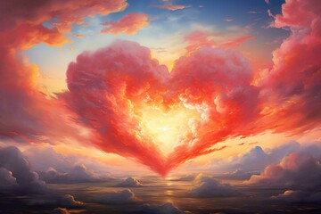 Heart-shaped clouds with vibrant colors forming a beautiful fairy-tale atmosphere. Generative AI - obrazy, fototapety, plakaty