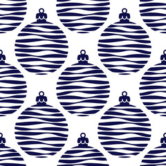 Blue Christmas balls isolated on white background. Cute monochrome seamless pattern. Vector simple flat graphic illustration. Texture.