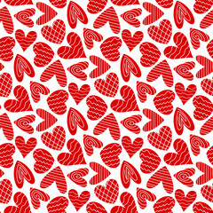 Beautiful different small red hearts isolated on a white background. Cute monochrome seamless pattern. Vector simple flat graphic illustration. Texture.