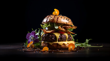 un hamburger mais préparé par un chef trois étoiles, fond noir