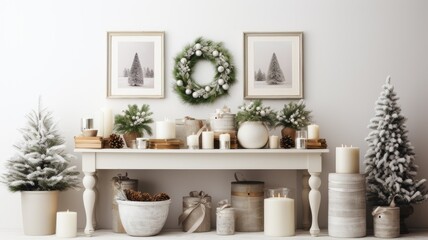 holiday-themed art and craft projects against an empty white wall. handmade decorations, wreaths, and festive artwork on a table. a vase with fresh fir branches to complement the seasonal theme.