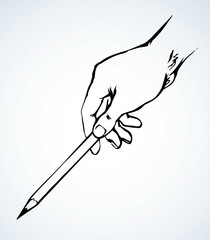 Hand points with a pencil. Vector drawing