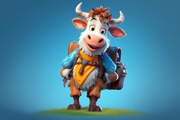 illustration cartoon, lovely cow with a backpack