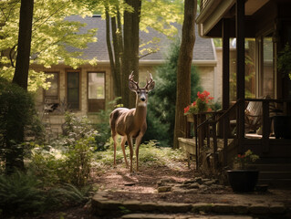 A Photo of a Deer in the Backyard of a House in the Suburbs