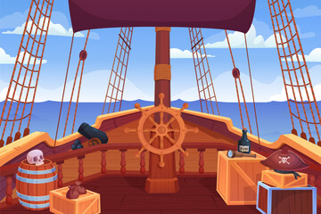 Ship deck. Pirate sailing ships board view, captain bridge entrance of wooden sailboat with steering wheel, wood barrels boxes, cartoon adventure game ingenious vector illustration © ssstocker