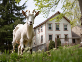 A Photo of a Goat in the Backyard of a House in the Suburbs