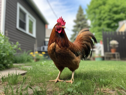 A Photo of a Chicken in the Backyard of a House in the Suburbs