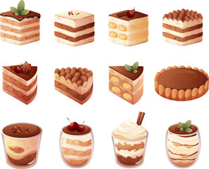 Tiramisu. Cartoon cake slices with coffee chocolate layers and berries fruits piece, sliced pie or cheese cakes italian food dessert for cafe restaurant, garish vector illustration