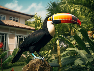 Fototapeta premium A Photo of a Toucan in the Backyard of a House in the Suburbs