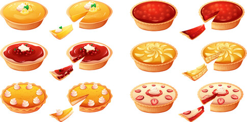 Cartoon pies portion. Homemade pie slice sweet berries or apple filling, cooking pastries fruit desserts traditional bakery pastry concept isolated tart garish vector illustration - obrazy, fototapety, plakaty