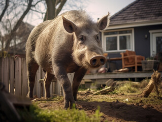 A Photo of a Warthog in the Backyard of a House in the Suburbs