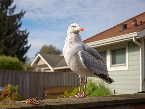 A Photo of a Seagull in the Backyard of a House in the Suburbs