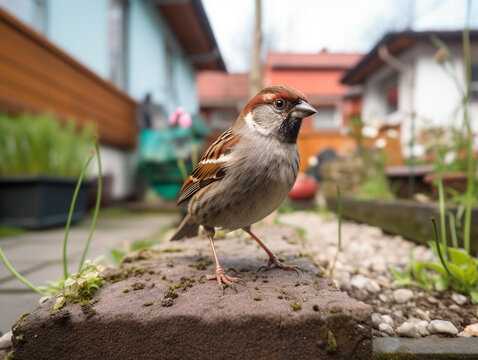 A Photo of a Sparrow in the Backyard of a House in the Suburbs