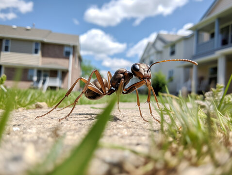 A Photo of an Ant in the Backyard of a House in the Suburbs