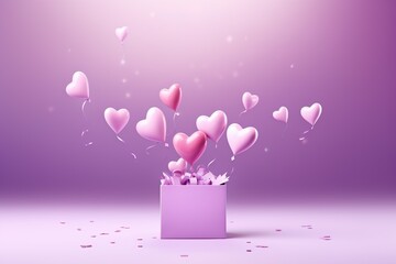 Open gift box with hearts flying out of it, empty soft purple space for advertising, 3d illustration . Banner. Generativ AI