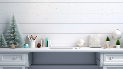 a cozy and festive workspace by featuring an empty white wall as a mock-up background. a desk with holiday-themed stationery and decorations. a vase with green fir branches for a touch of nature.