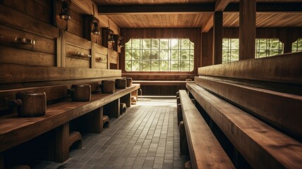 the wooden interior in the sauna. the well-crafted wooden benches and walls, emphasizing the natural and rustic beauty of the space.