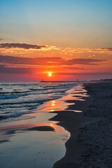 Colorful morning landscape on the Polish Baltic Sea. Sunrise on the beach in Leba, Poland. - 659156091