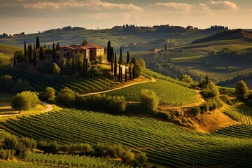 Tuscan countryside with vineyards, cypress, and hills between Siena and Florence, Italy. Generative AI - obrazy, fototapety, plakaty
